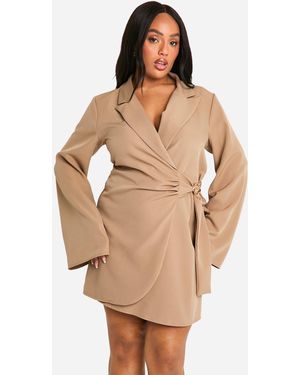 Boohoo Plus Buckle Detail Tie Waist Tailored Blazer Dress - Natural