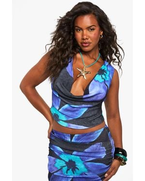 Boohoo Textured Mesh Cowl Neck Sleeveless Top - Blue