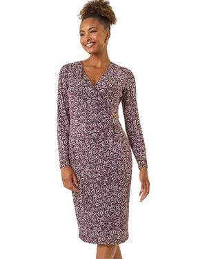 Roman Leaf Print Chain Detail Midi Dress - Purple