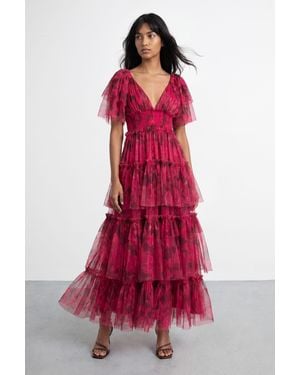Warehouse Tulle Floral Plunge Neck Flutter Sleeve Tier Maxi Dress - Red