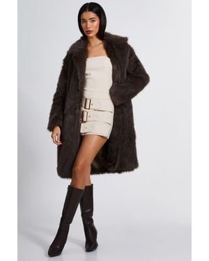 Quiz Faux Fur Long Coat - Black
