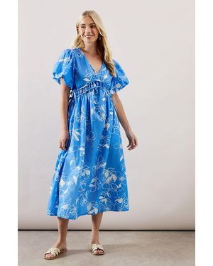 Wallis Petite Floral Ruched Waist Midi Dress - Blue