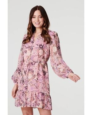 Izabel London Floral Long Puff Sleeve Shirt Dress - Pink