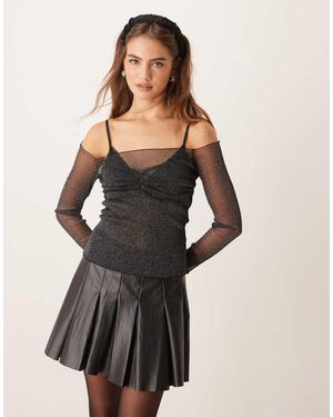 Gina Tricot Glitter Mesh Off Shoulder Top With Sheer Panel - Black