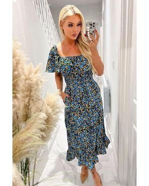 AX Paris Floral Printed Flutter Sleeve Midi Smock Dress - Blue