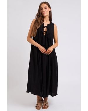 Urban Bliss Tie Front Linen-Blend Pleated Maxi Dress - Black
