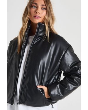 Boohoo Funnel Neck Faux Leather Bomber Jacket - Black