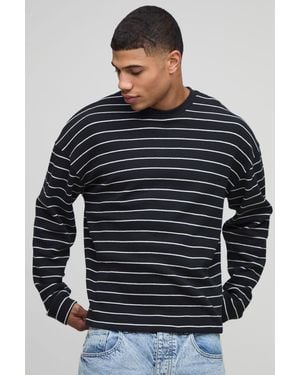 BoohooMAN Oversized Striped Heavyweight Long Sleeve Waffle T-Shirt - Blue