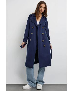 Hiccup Double-Breasted Belted Long Trench Coat - Blue