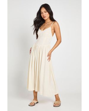 Boohoo Petite Premium Linen Corset Detail Midi Skater Dress - Natural