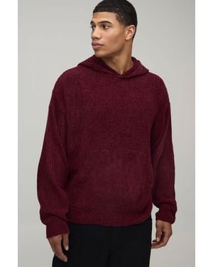 BoohooMAN Oversized Boxy Chenille Knitted Hoodie - Red