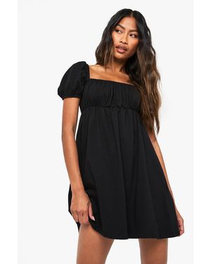 Boohoo Puff Sleeve Cotton Smock Mini Dress - Black