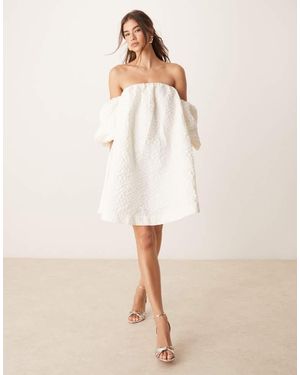 Y.A.S Off Shoulder Puff Sleeve Structured Jaquard Mini Dress - Natural