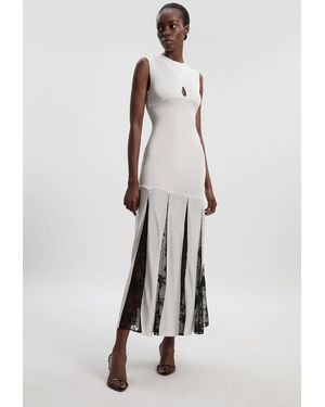 Karen Millen Viscose Blend Slinky Sheer Lace Detail Knit Maxi Dress - White