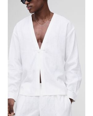 BoohooMAN Heavyweight Linen Blend Collarless Long Sleeve Regular Fit Shirt - White