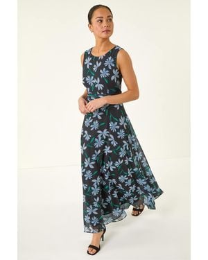 Roman Petite Floral Ruched Waist Maxi Dress - Blue