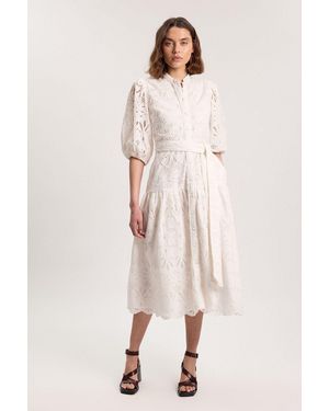Karen Millen Scalloped Hem Broderie Midi Shirt Dress - Natural