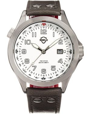 Shield Palau Leather-Band Diver Watch W/Date - Metallic