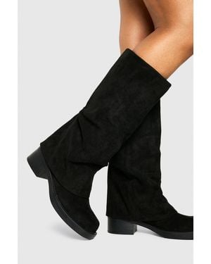 Boohoo Campus Ruched Foldover Boots - Black