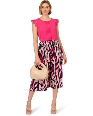 Adrianna Papell Crew Neck Pleated Airflow Woven Crochet Flutter Sleeve Top - Red