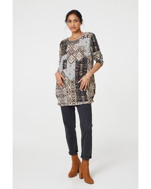 Izabel London Patchwork Print Long Sleeve Scoop Neck Tunic - Natural