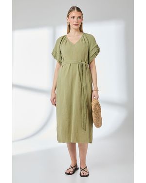 PRINCIPLES Puff Sleeve Gauze Tie Waist Midi Dress Cotton - Green