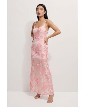 MissPap Floral Textured Sheer Scoop Neck Bias Maxi - Pink
