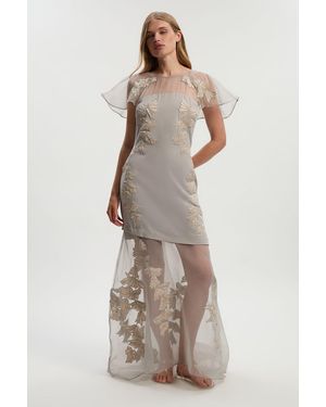 Karen Millen Tall Quilted Applique Organdie Angel Sleeve Woven Maxi Dress - Natural