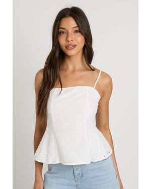 Boohoo Spaghetti Strap Broderie Peplum Top - White