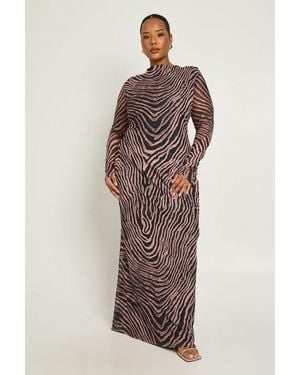 Boohoo Plus Zebra Shoulder Pad Midaxi Dress - Brown