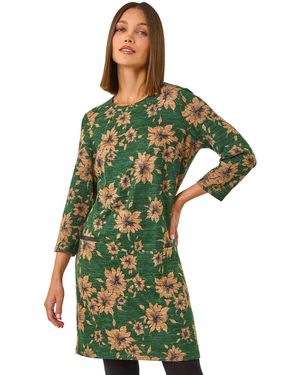 Roman Floral Pocket Trim Shift Dress - Green