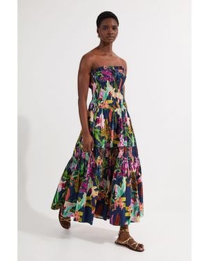 Karen Millen Shirred Cotton Tiered Print Bandeau Woven Maxi Dress - White