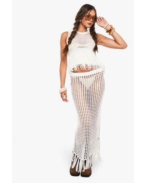 Boohoo Tassel Trim Crochet Skirt - Natural