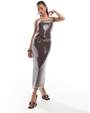 ASOS Sheer Sequin Square Neck Midi Dress With Cross Strap Detail - White