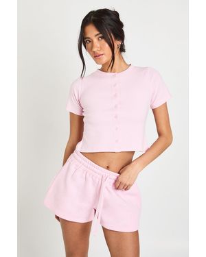 Boohoo Ribbed Button Through Cap Sleeve Top And Short Tracksuit - Pink