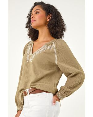 Roman Embroidered Neck Top - Green