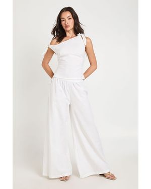 Boohoo Linen Look Tie Shoulder Top & Extreme Wide Leg Trouser Co-Ord - White