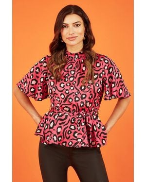 Mela London Animal Print Belted High Neck Top - Red