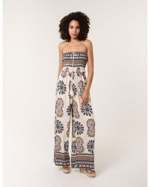 Blue Vanilla Strapless Elasticated Printed Jumpsuit - White