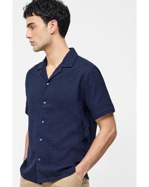 French Connection Cotton Seersucker Crinkle Short Sleeve Button Up Shirt - Blue