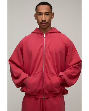 BoohooMAN Oversized Boxy Drop Shoulder Loopback Wash Zip Through Hoodie - Red