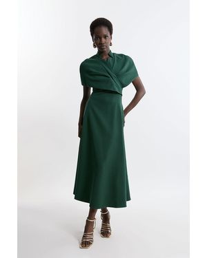 Karen Millen Structured Crepe Cape Detail Full Skirted Tailored Midi Dress - Green