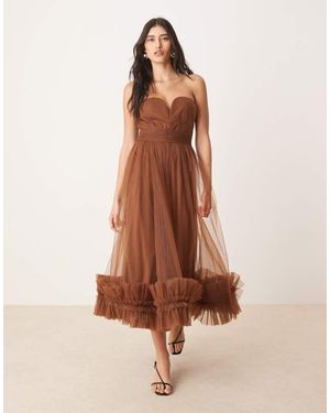 LACE & BEADS Corset Tulle Ruffle Hem Midaxi Dress - Brown