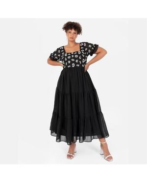 Lovedrobe Square Neck Short Sleeve Tiered Dress - Black