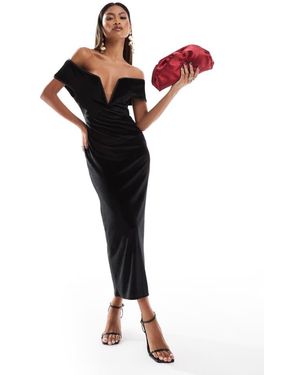 ASOS Velvet Deep V Front Bardot Maxi Dress - Black