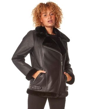 Roman Faux Fur Lined Zip Detail Aviator Jacket - Black