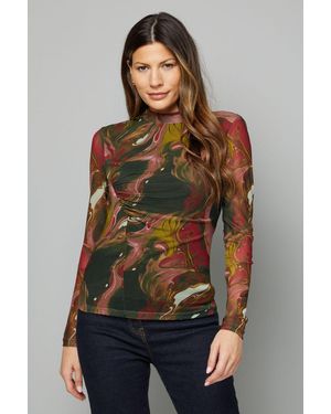 Wallis Marble Print Mesh High Neck Ruched Top - Brown