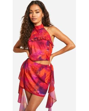 Boohoo Printed Frill Detail Woven Mini Skirt - Red