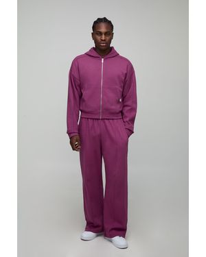 BoohooMAN Shrunken Boxy Premium Interlock Zip Through Hoodie - Purple
