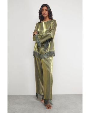 Oasis Satin Fringe Hem High Waisted Trouser - Green